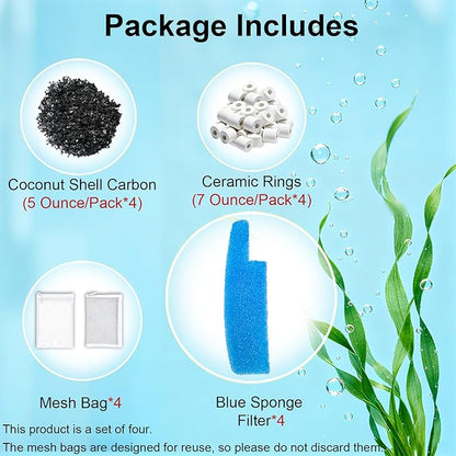 4 Set Aquarium Media Maintenance Kit, Replacement for Seachem Tide 55-Gallon Filter — Includes 4 Blue Sponges, 4 Bags of Activated Carbon, 4 Ceramic Rings, and 4 Mesh Bags.