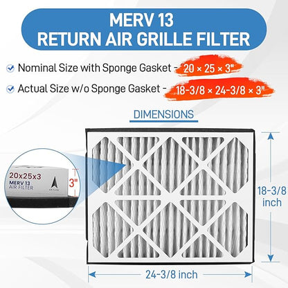 20x25x3 MERV 13 Pleated Air Filter, 2 Pack, Compatible with Zephyr VGF Series 20x25x3 Whole Home Return Air Grille Filter, Actual Size 18-3/8×23-3/8×3"