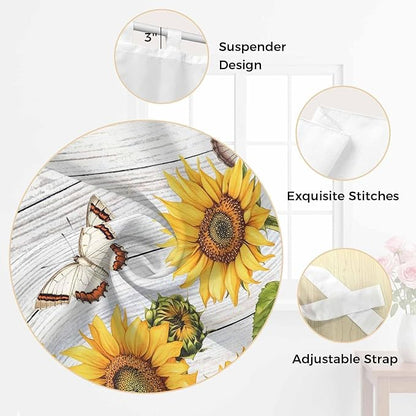 Yellow Sunflowers Bathroom Curtains 63 Inch Length, Window Curtains Tab Top, Vintage Country Flowers Butterfly Wood Board Light Filtering Window Treatments Drapes 52"x63" 2 Panel