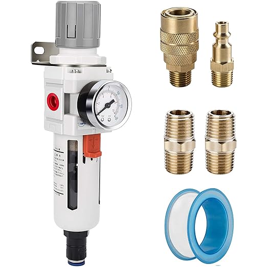 NANPU 1/2" NPT Compressed Air Filter Regulator Combo Piggyback, Auto Drain, 5 Micron Brass Element, Poly Bowl, Metal Bracket, 0-150 psi Gauge