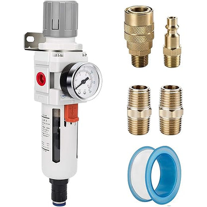 NANPU 1/2" NPT Compressed Air Filter Regulator Combo Piggyback, Auto Drain, 5 Micron Brass Element, Poly Bowl, Metal Bracket, 0-150 psi Gauge