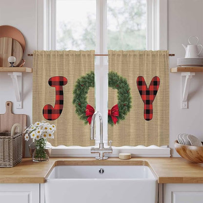 Red Green Christmas Kitchen Tier Curtains 45 Inch Long 2 Panel Set,Rod Pocket Short Window Treatment,Xmas Botanical Winter Farmhouse Curtains & Drapes for Bathroom Basement 27.5"W x 45"L