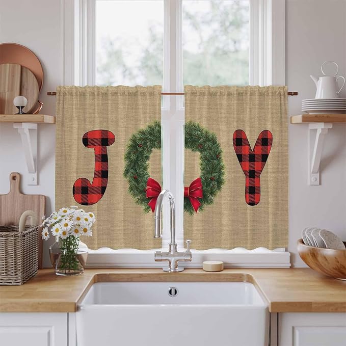 Red Green Christmas Kitchen Curtains 54 Inch Long 2 Panel Set, Rod Pocket Window Curtains Panels, Xmas Botanical Winter Farmhouse Light Filtering Privacy Draperies for Bedroom Laundry 42"W x 54"L