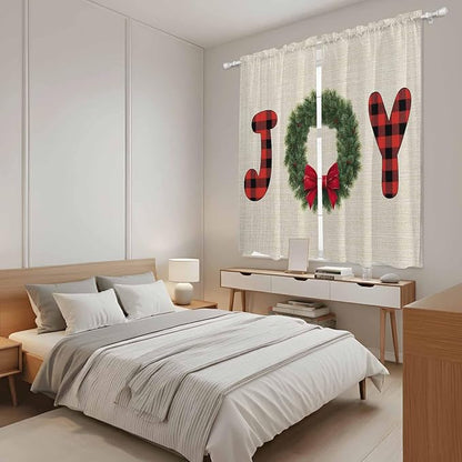 Red Green Christmas Window Curtains 63 Inch Long 2 Panel Set, Rod Pocket Bedroom Curtains & Drapes, Farmhouse Xmas Botanical Winter Light Filtering Window Treatment for Living Room 42"W x 63"L