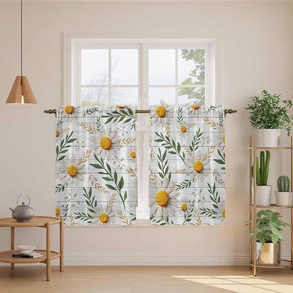 Spring Daisy Kitchen Curtains, Farmhouse Country Flower Leaf Plant Wood Grain Light Filtering Window Curtain Panels, 2Pcs Rod Pocket Window Treatments Set for RV Dining Room Study Room 42x54 Inches