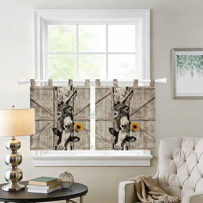 Funny Farm Animals Kitchen Curtains 24 Inch Length, Small Window Curtains Tab Top, Vintage Barn Brown Sunflowers Light Filtering Short Window Treatments Tier Drapes 27.5"x24" 2 Panel