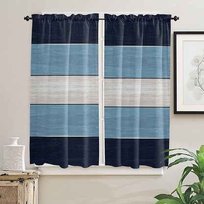 Vintage Country Woodcuts Window Valance Curtains, Blue Gradient Striped Light Filtering Kitchen Valance with 3-inch Rod Pocket for Living Room Bathroom Bedroom,2 Panel,42x63In
