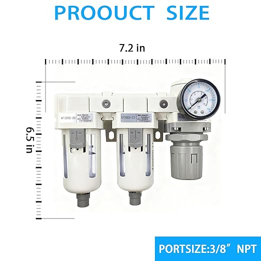 XingNEeng 3/8" NPT Compressed Air Filter Regulator Lubricator (FRL) Combo, Water/Oil Trap Separator, Air Pressure Regulator with Pressure Gauge(0-150 psi), Semi-Auto Drain, Poly Bowl, Metal Bracket
