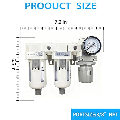 XingNEeng 3/8" NPT Compressed Air Filter Regulator Lubricator (FRL) Combo, Water/Oil Trap Separator, Air Pressure Regulator with Pressure Gauge(0-150 psi), Semi-Auto Drain, Poly Bowl, Metal Bracket
