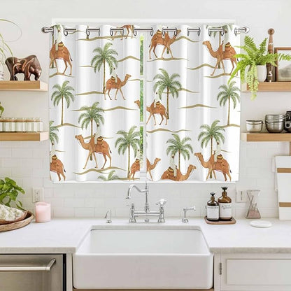 2 Panel Kitchen Cafe Curtains, Desert Camels Sunlight Filtering Nature Air Through, Home Decor Window Covering Tier Curtains for Bedroom Living Room 104W x 72L inch Tropical Date Palm Trees Animal