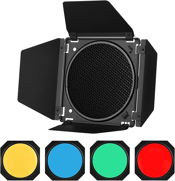 GODOX Barn Door with Honeycomb Grid 4 Color Gel Filters for 7 Inch Standard Reflector Replacement for GODOX SL60W SL150II SK400II Studio Light Portrait Still Life Photography
