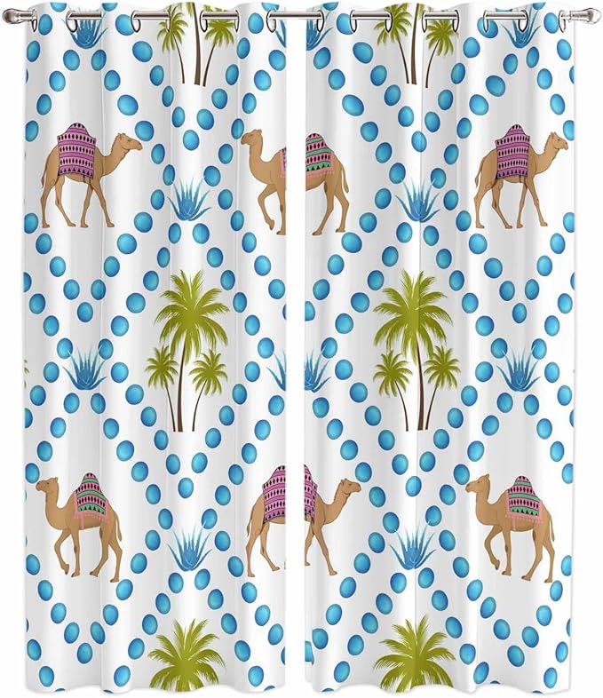 2 Panel Kitchen Cafe Curtains, Camels Palm Trees Sunlight Filtering Nature Air Through, Home Decor Window Covering Tier Curtains for Living Room 80W x 84L inch Tropical Desert Animal Plants Polka Dot