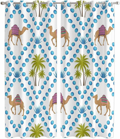 2 Panel Kitchen Cafe Curtains, Camels Palm Trees Sunlight Filtering Nature Air Through, Home Decor Window Covering Tier Curtains for Living Room 104W x 96L inch Tropical Desert Animal Plants Polka Dot
