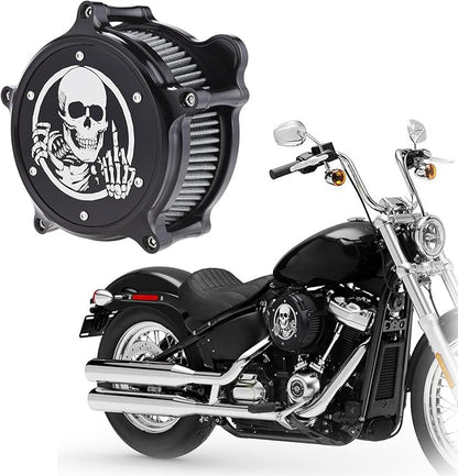 Motorcycle Air Filter Skull Style Air Cleaner with Filter Sock Dustproof Protective Cover Kit for Harley Touring 2000-07 Softail 2000-15 Dyna 2000-17, Excludes 2017 FXDLS (Black)
