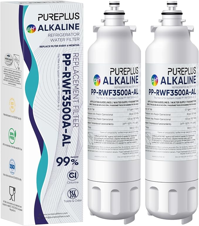PUREPLUS Alkaline Replacement for ADQ73613401, LG® LT800P®, LT800PC, ADQ736134, ADQ73613402, LSXS26326S, LSXS26366S, LSXS26366D, 46-9490, Refrigerator Water Filter and LT120F® Air Filter, 2Pack
