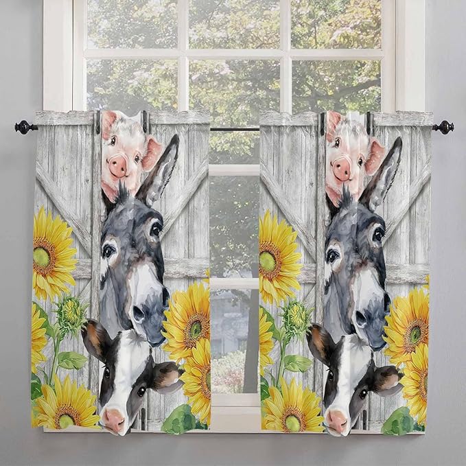 Farmhouse Kitchen Curtains 54 Inches length, Watercolor Sunflowers Animals Printed Wood Grain Window Treatment Curtain Drapes, Decorative Window Curtains for Bedroom Cafe, 52"x54", 2 Panels