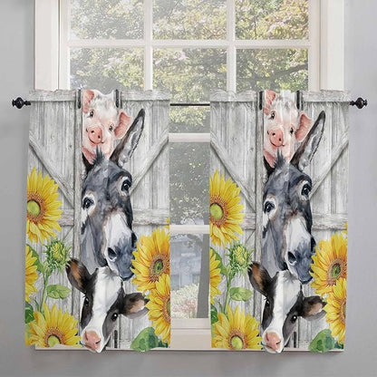Farmhouse Kitchen Curtains 45 Inches length, Watercolor Sunflowers Animals Printed Wood Grain Window Treatment Curtain Drapes, Lightweight Window Panels for Living Room Bedroom, 52"x45", 2 Panels