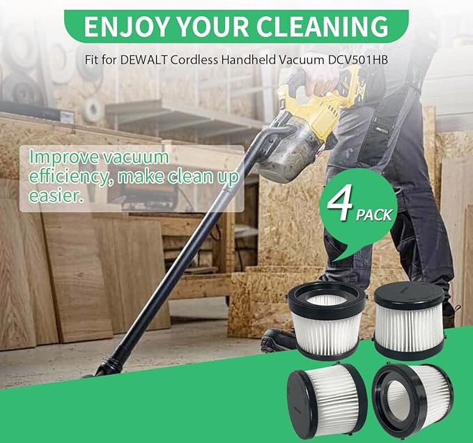 4 Pack DCV5011H HEPA Filter Compatible with DEWALT DCV501HB Cordless Handheld Vacuum, with 8 Foam Sleeve Filters & 1 Brush