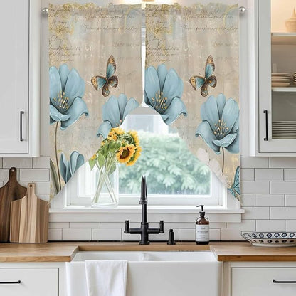 Spring Flowers Swag Valances for Windows, Vintage Rustic Tulips Floral Butterfly Khaki Rod Pocket Kitchen Curtains Valance, Kitchen Window Curtains Swag for Cafe Living Room, 2 Panels, 36x63 inch