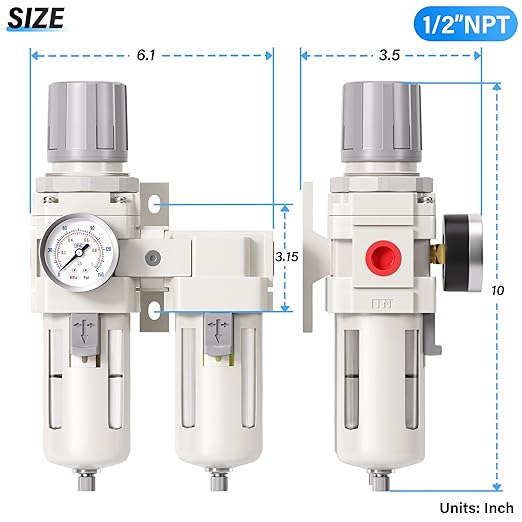 TAILONZ PNEUMATIC 0-150PSI 1/2 Inch NPT Particulate Filter+Coalescing Filter Air Filter Pressure Regulator Combo Piggyback, Air Tool Compressor Filter (Semi-Auto Drainage）