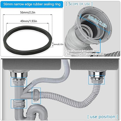 6PCS 56mm (2.2") Narrow Edge Rubber Sealing Gaskets - Leak-Proof Washers for Kitchen Sink Drain, Waste Pipe & Flat Sliding Joints