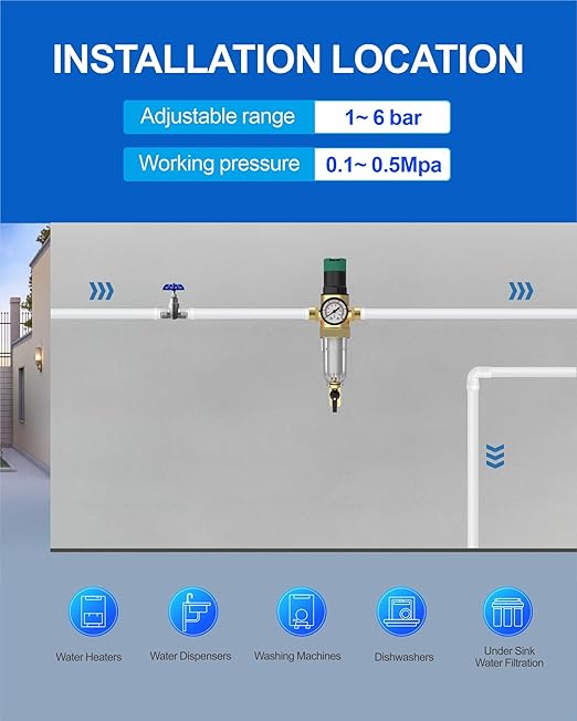 Spin Down Sediment Filter with Water Pressure Regulator, 2 in 1 Whole House Prefilter System with Gauge,50 Micron, 1.25" MNPT + 1" FNPT + 1" MNPT, Heavy Duty Brass
