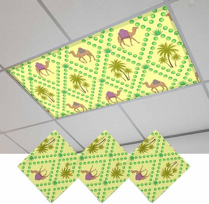 3 Pack Fluorescent Light Cover, Desert Sand Camels Light Covers for Ceiling Lights, Palm Trees Tropical Plants Polka Dot Yellow Magnetic Lights Filters Ceiling Shade for Classroom/Office - 4 x 2 Feet