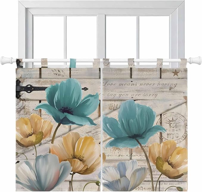 Watercolor Flowers Kitchen Curtains 45 Inch Length, Short Cafe Window Curtains Tab Top, Vintage Tulips Floral Barn Doors Wood Grain Light Filtering Window Treatments Tier Drapes 27.5"x45" 2 Panel