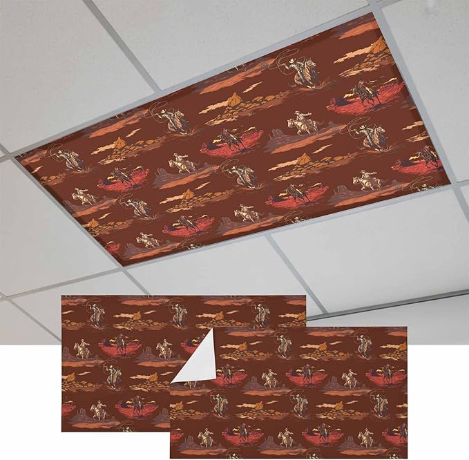 Cowboys Horses 2 Pcs Fluorescent Light Covers 4 x 2 Feet, Desert Ethnic Winds Dark Brown Background Covers for Ceiling Lights Magnetic Light Cloth Filter for Classroom Office Home