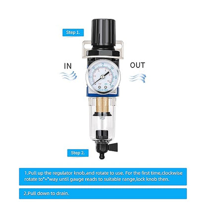 NANPU 1/4" NPT Compressed Air Filter Regulator Combo Piggyback, 5 Micron Brass Element, Poly Bowl, Manual Drain, Metal Bracket, 0-150 psi Gauge - AW2000-02M