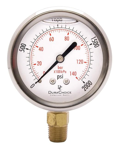 2-1/2" Oil Filled Pressure Gauge - Stainless Steel Case, Brass, 1/4" NPT, Lower Mount Connection, 0-2,000PSI