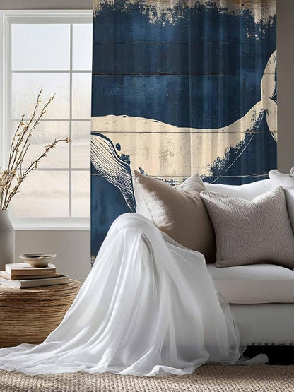 Sheer Curtains 72 Inches Long, Ocean Whale Blue Semi Sheer Curtains Light Filtering Window Treatment, Summer Coastal Vintage Wood Grain Privacy Voile Drapes for Living Room Bedroom 52x72 Inch