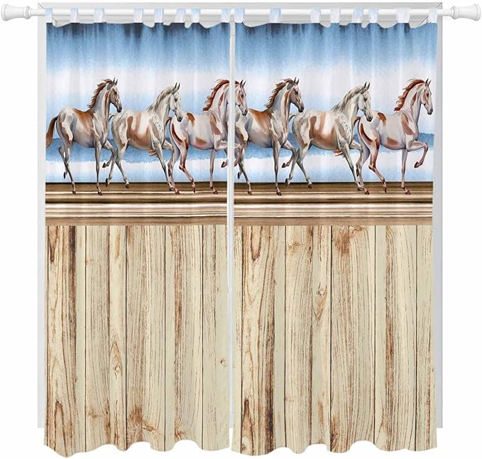 Western Horse Living Room Curtains 96 Inch Length, Window Curtains Tab Top, Farmhouse Wooden Grain Vintage Cowboy Barn Door Light Filtering Window Treatments Drapes 52"x96" 2 Panel