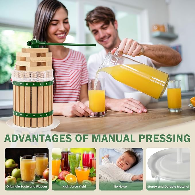 CAELUM Fruit Wine Press, 4.75 Gallon Wood Fruit and Cider Press Squeezer With T-Handle, Juice Maker, Wine Making Press Squeezer for Outdoor, Kitchen（Green）