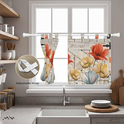Retro Floral Kitchen Curtains 24 Inch Length, Small Window Curtains Tab Top, Red Yellow Tulips Barm Doors Farmhouse Wooden Light Filtering Short Window Treatments Tier Drapes 27.5"x24" 2 Panel