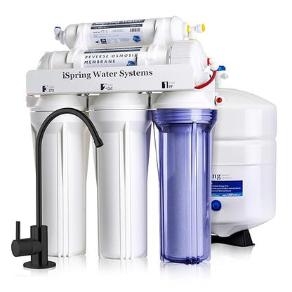 iSpring RCC7-BLK, NSF/ANSI 58 Certified, 5-Stage Reverse Osmosis System, RO Water Filter System Under Sink, Drinking Water Filter, 75 GPD, Stylish Black RO Faucet