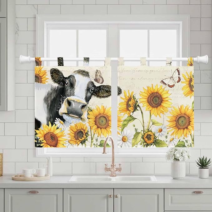 Yellow Sunflowers Kitchen Curtains 24 Inch Length, Small Window Curtains Tab Top, Country Cow Flower Butterfly Farmhouse Cream Light Filtering Short Window Treatments Tier Drapes 27.5"x24" 2 Panel