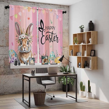 Easter Kitchen Curtains, Spring Rabbit Eggs Flowers Flags Leaves Wood Grain Light Filtering Window Curtain Panels, 2Pcs Rod Pocket Window Treatments Set for Living Room Bathroom Bedroom 42x63 Inches