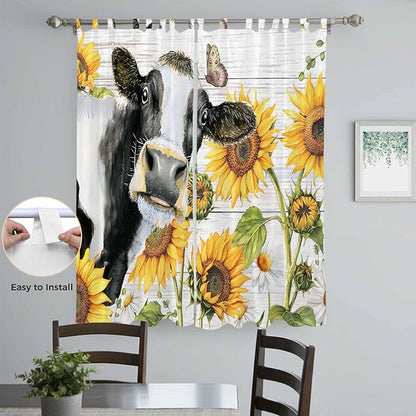 Retro Farmhouse Floral Living Room Curtains 84 Inch Length, Window Curtains Tab Top, Yellow Sunflowers Cows Butterfly Wood Light Filtering Window Treatments Drapes 52"x84" 2 Panel