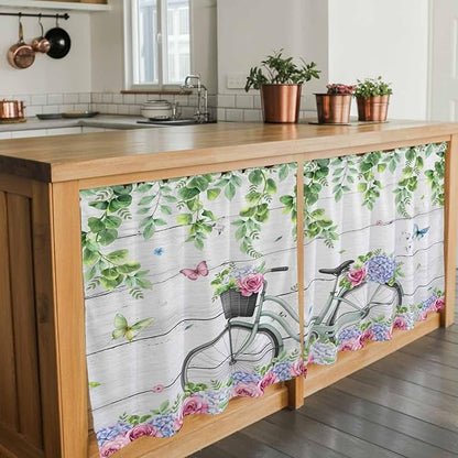 Spring Tier Curtains, Bicycles Botanical Rose Leaves Butterfly Wood Grain Light Filtering Kitchen Curtains, 2Pcs Rod Pocket Half Window Treatments Panels for Sink Cafe Cabinet Camper 27.5x24 Inches