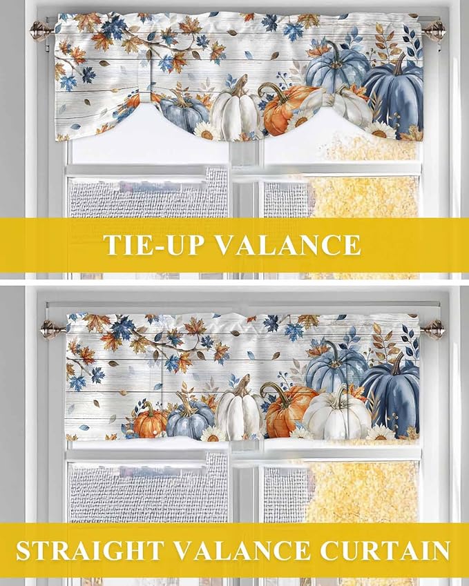 Thanksgiving Pumpkin Tie Up Valance Curtains for Windows, Kitchen Curtains Window Shades, Fall Maple Leaf Daisy Wooden Grain Light Filter Roman Curtain Valances for Bedroom/Bathroom/Cafe 60'' x 18''