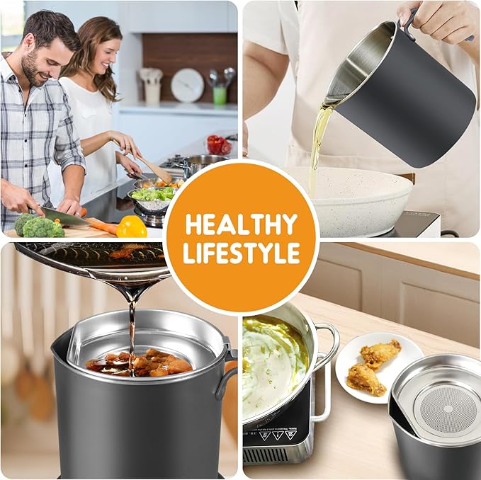 Chihee Grease Container Stainless Steel Bacon Grease Saver with Fine Mesh Strainer 2L / 67.6 fl oz Oil Container Grease Can with Dust-proof Lid Non-slip Tray for Kitchen Storing Frying Cooking Grease
