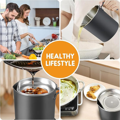 Chihee Grease Container Stainless Steel Bacon Grease Saver with Fine Mesh Strainer 2L / 67.6 fl oz Oil Container Grease Can with Dust-proof Lid Non-slip Tray for Kitchen Storing Frying Cooking Grease