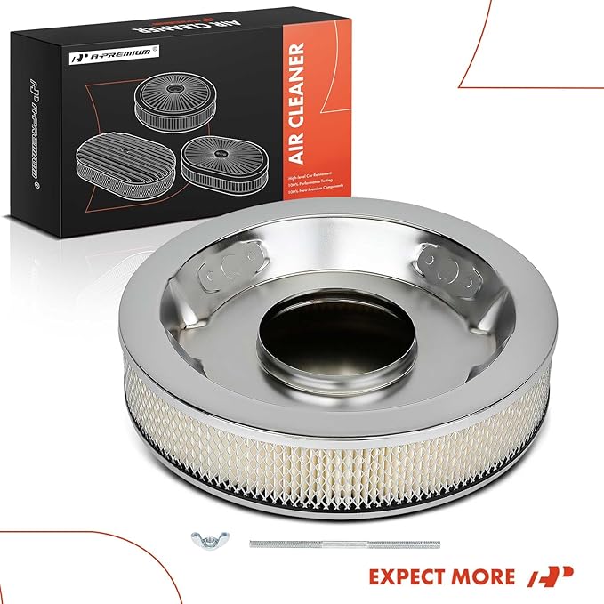 A-Premium Universal Air Cleaner Filter Assembly - 14"x3", Round Chrome, with Recessed Style Base Air Cleaner