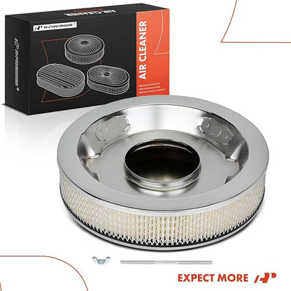 A-Premium Universal Air Cleaner Filter Assembly - 14"x3", Round Chrome, with Recessed Style Base Air Cleaner