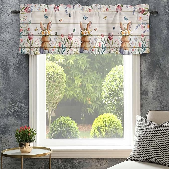 Easter Curtain Valances for Windows, Kitchen Valance Window Treatment, Spring Bunny Butterfly Botanical Wooden Grain Light Filtering Block Curtains for Bathroom/Bedroom/Living Room 54'' x 18''