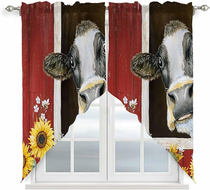 Cows Sunflowers Swag Valances for Windows, Rustic Farms Barns Flowers Bees Animals Rod Pocket Kitchen Curtains Valance, Kitchen Window Curtains Swag for Cafe Bathroom Living Room, 2 Panels, 36x45 inch
