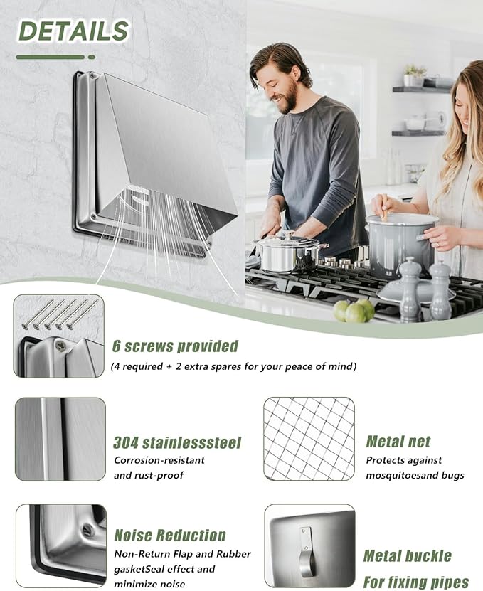 Upgraded 4" Stainless Steel 304 Dryer Vent Cover Outdoor - Rubber Cushioned Non-Return Flap (Noise Reduction) Air Vent with Built-in Fly Screen & 6 Screws for Bathroom Exhaust Vent Office Home