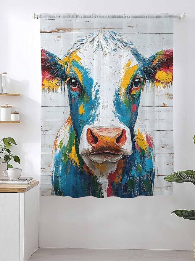 Sheer Curtains 63 Inch Length, Rustic Cow Semi Sheer Curtains Light Filtering Window Treatment, Vintage Colorful Animals Art Wooden Grain Privacy Voile Drapes for Living Room Bedroom 52x63 Inch