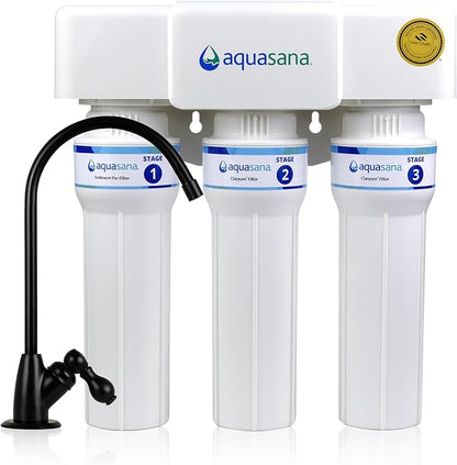 Aquasana Under Sink Water Filter | Certified 3-Stage Max Flow Filtration | Reduces up to 99.99% of PFAS, Lead, Chlorine, & More | Under Counter Drinking Water Filter | Matte Black Faucet | AQ-6300M-MB